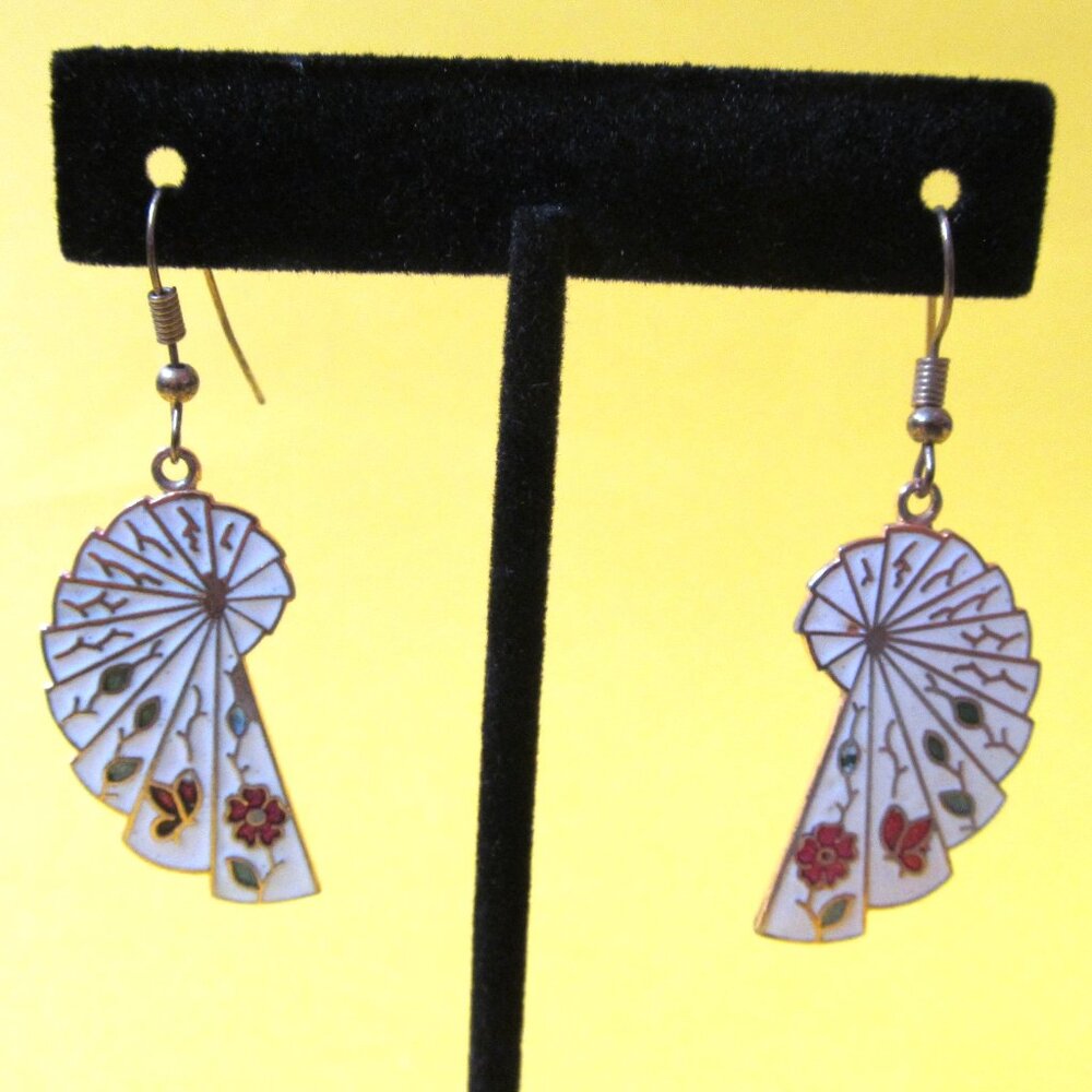 Vintage Cloisonne Earrings pierced dangle drop gold tone